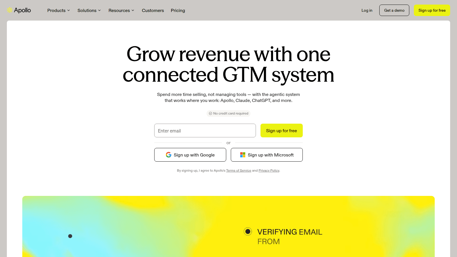 Apollo.io GTM system — official www.apollo.io homepage hero with Grow revenue with one connected GTM system and a verifying-email product animation