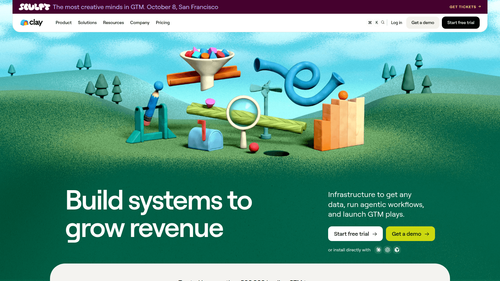 Clay GTM infrastructure — official www.clay.com homepage hero with a 3D playground and the Build systems to grow revenue headline