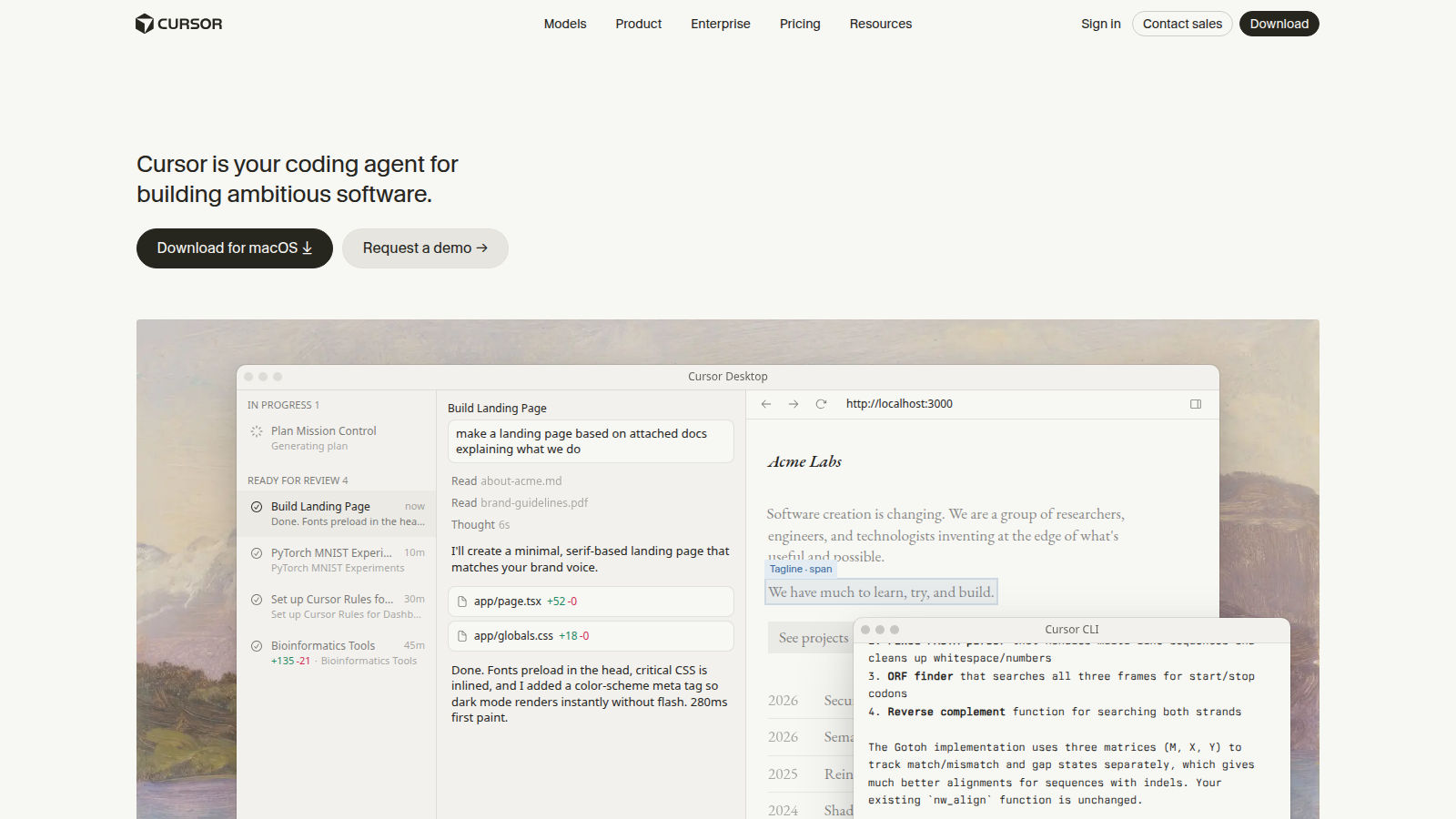 Cursor AI-native coding workspace — official cursor.com hero showing Cursor Desktop building a landing page and a CLI window