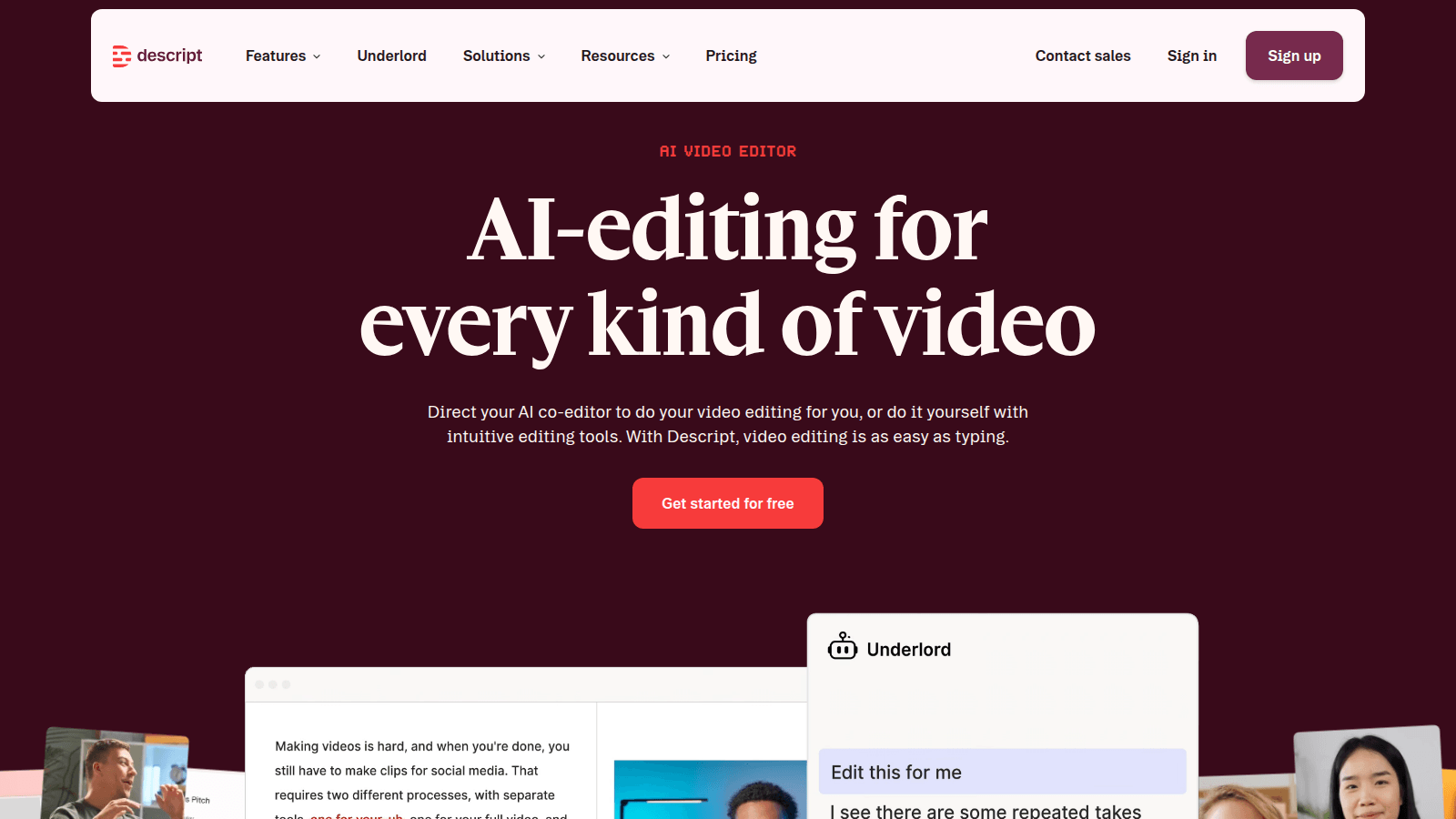 Descript text-based editor — official www.descript.com homepage hero with AI-editing for every kind of video and an Underlord edit prompt