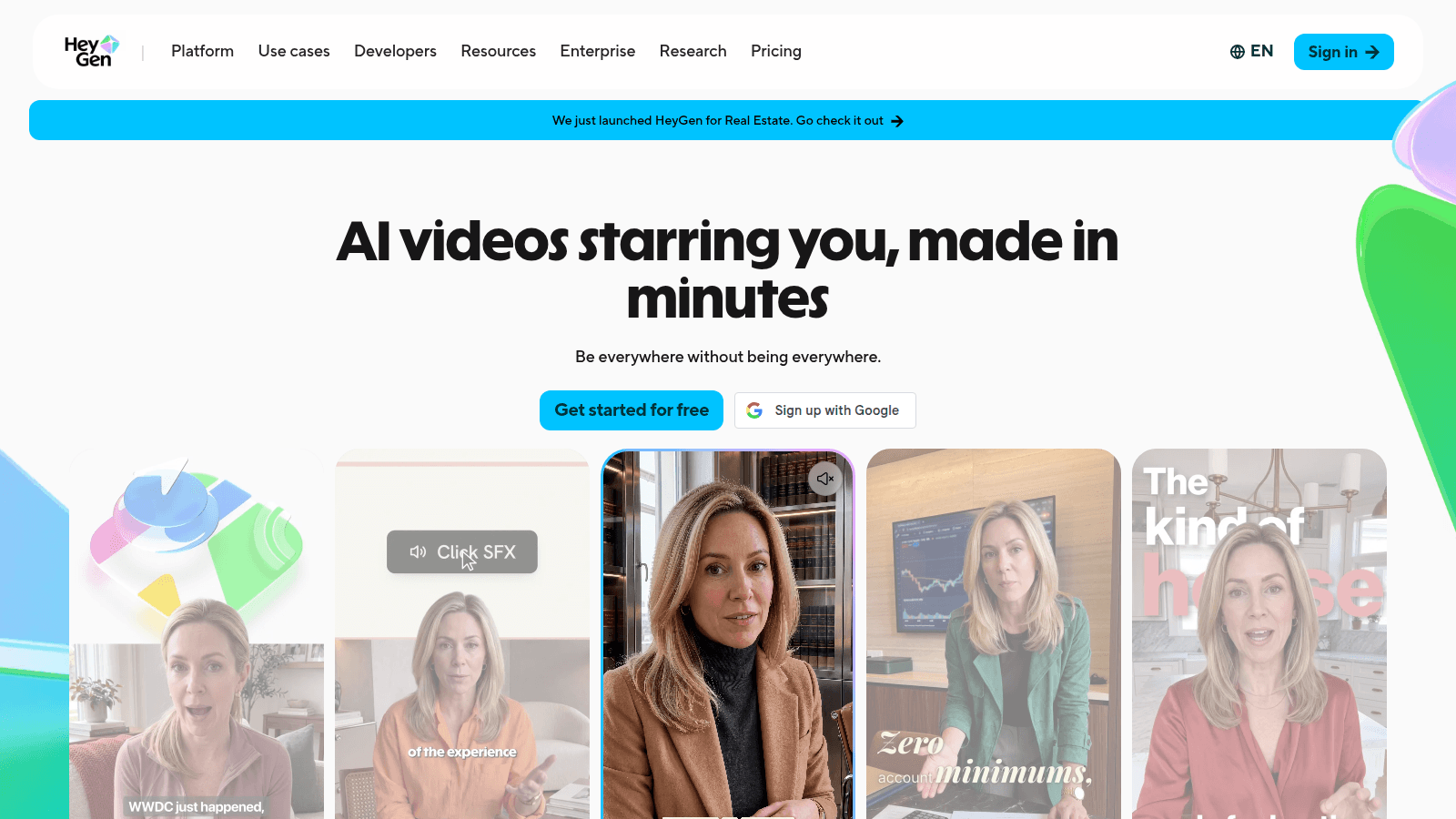 HeyGen personalized video — official www.heygen.com homepage hero with AI videos starring you, made in minutes and avatar presenter clips