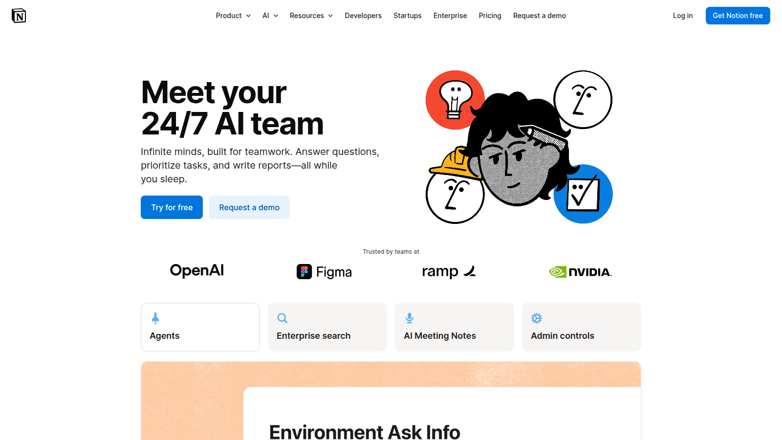 Notion AI team — official www.notion.com/product/ai hero with Meet your 24/7 AI team and Agents / Enterprise search / AI Meeting Notes tabs