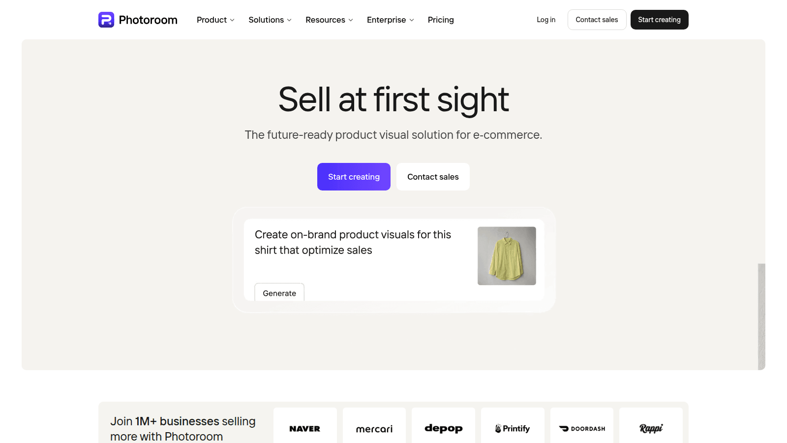 Photoroom product visuals — official www.photoroom.com homepage hero with Sell at first sight and a yellow-shirt generate prompt