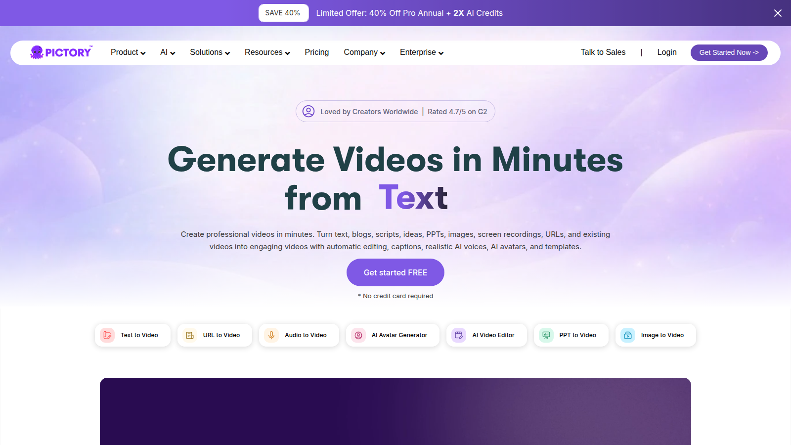 Pictory blog-to-video — official pictory.ai homepage hero for generating videos from text, blogs, scripts, and URLs