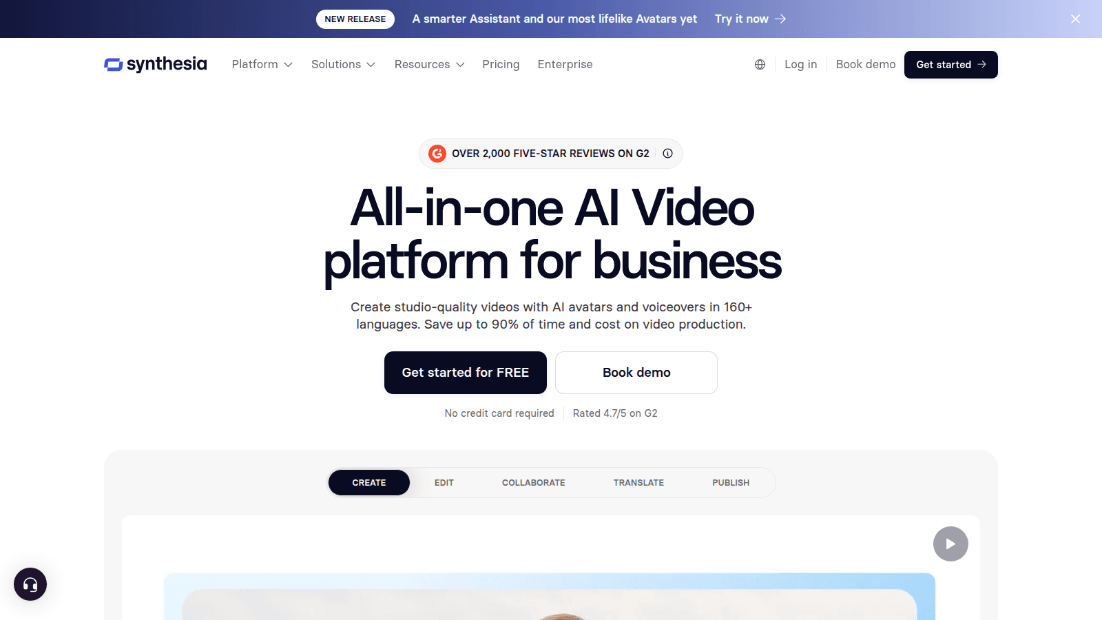 Synthesia avatar video — official www.synthesia.io homepage hero with All-in-one AI Video platform for business and Create / Edit / Collaborate / Translate / Publish tabs