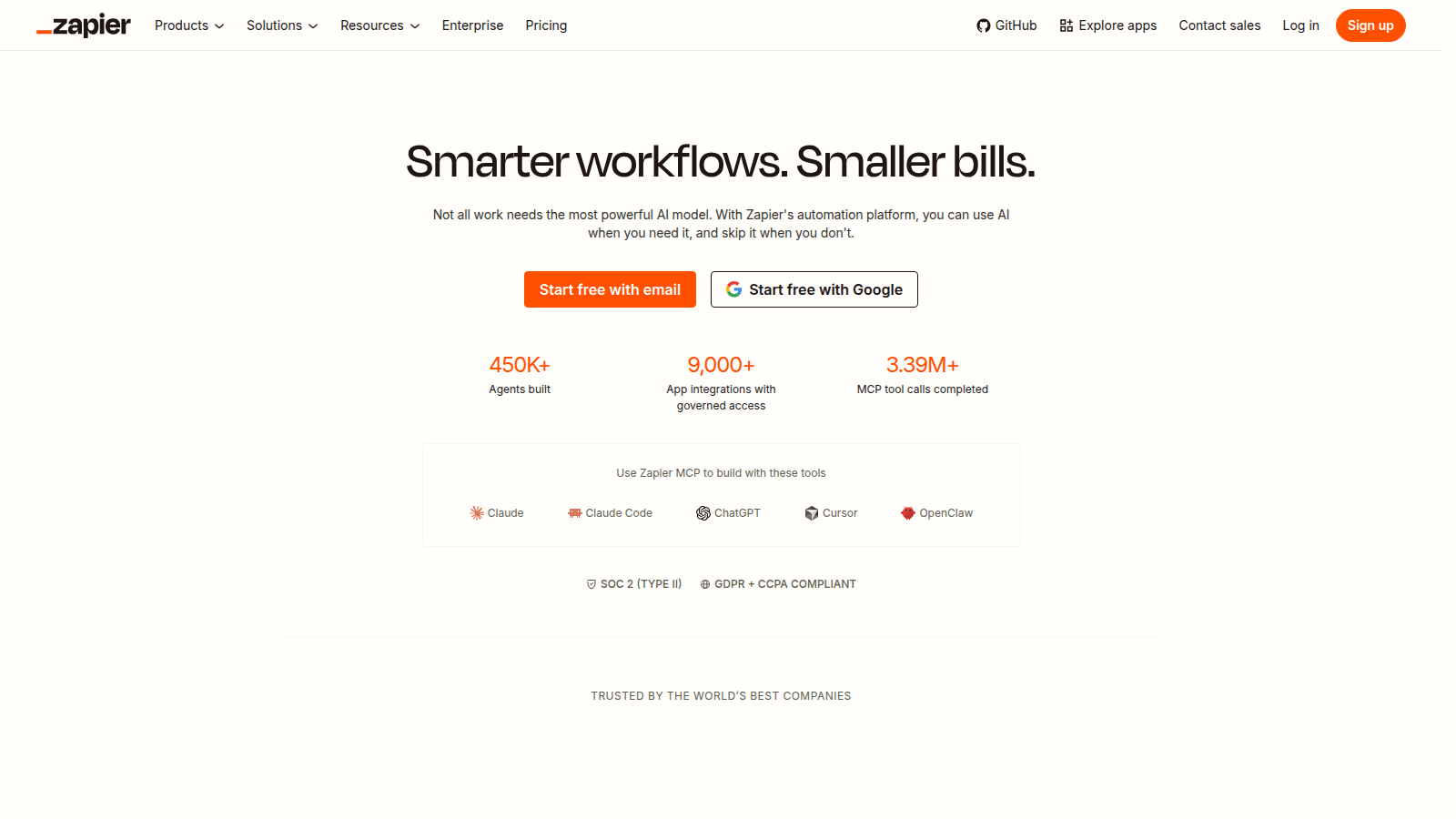 Zapier automation — official zapier.com homepage hero with Smarter workflows. Smaller bills. and Claude / ChatGPT / Cursor MCP logos